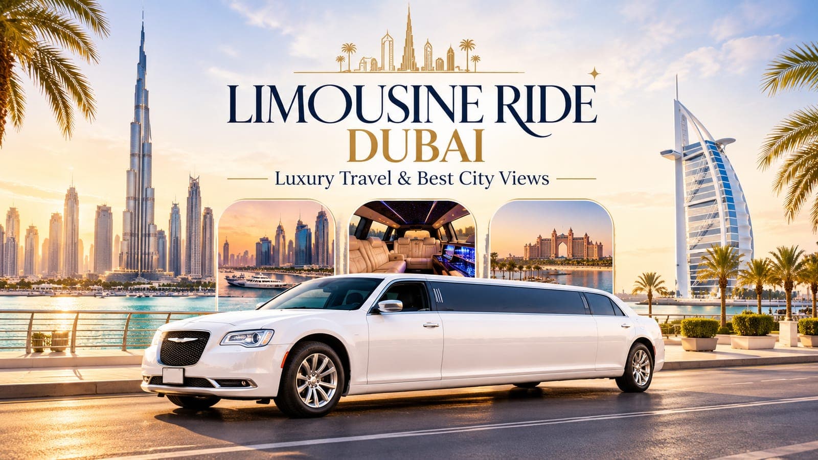 White stretch limousine on a Dubai waterfront road with Burj Khalifa, Dubai Marina and Burj Al Arab in the background